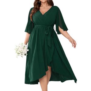 Plus Size Formal Wedding Guest Cocktail Dress for Curvy Women Flutter Sleeve Faux Wrap V Neck Midi Dresses (Emerald Green, XL)