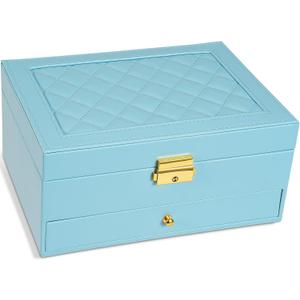 2-Layer Jewelry Box for Women, Jewelry Organizers and Storage with Removable Jewelry Tray, Vintage Quilted Top Lockable Jewelry Holder Gift Idea Sky Blue