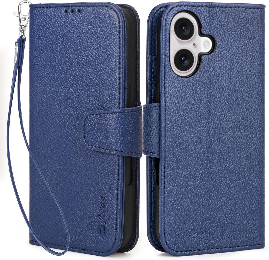 Arae Compatible with iPhone 16 Case Wallet with Card Holder, Wristlet Strap Wallet Flip Cover for iPhone 16 6.1 inch Men/Women, RFID Blocking, Kickstand,Litchi Blue