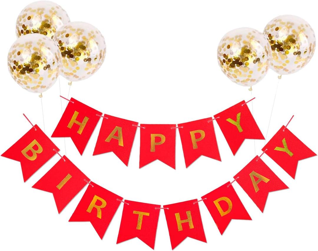 Glitter Red and Gold Happy Birthday Banner with Balloon Funny Birthday Decorations for Women Shiny Happy Birthday Sign for Backdrop Wall Hanging Birthday Banners Flag Party Supplies