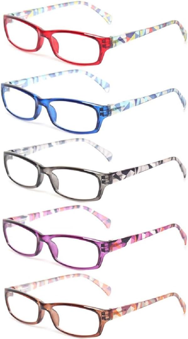 Reading Glasses 5 Pairs Fashion Ladies Readers Spring Hinge with Pattern Print Eyeglasses for Women (5 Pack Mix Color, 6.0)