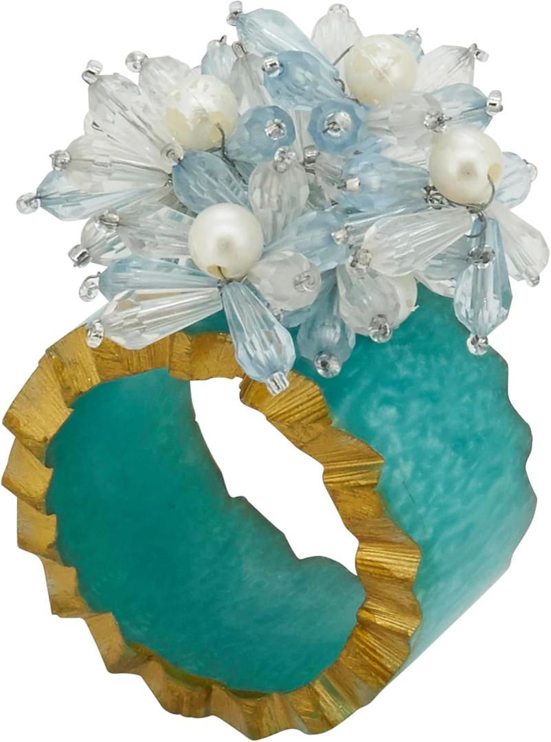 Saro Lifestyle Beaded Petal Delight Resin Napkin Ring (Set of 4), Aqua