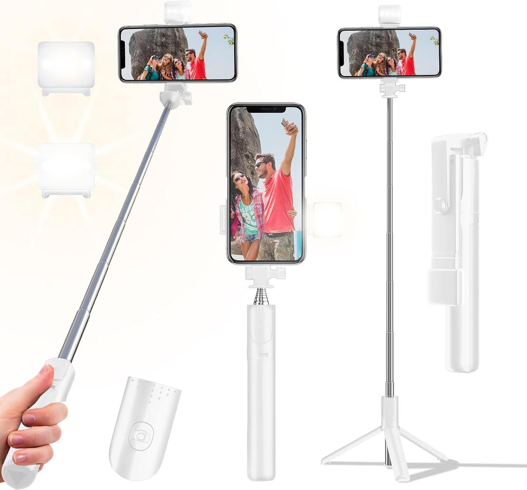 Selfie Stick Tripod, 40 in Retractable Tripod for iPhone with Wireless Remote Control & Light, Portable Phone Tripod for Photograph, Live Streaming, Video Recording, Compatible with All Cellphones (White)