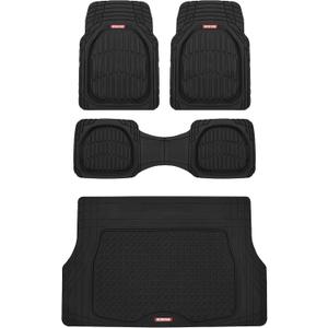 Motor Trend FlexTough 4-Piece Heavy Duty Floor Mats for Cars Trucks SUVs, Automotive Floor Mats Car Mats Full Set Front, Rear & Cargo, Trim-To-Fit Semi-Custom Deep Dish All Weather Rubber Mats - Black