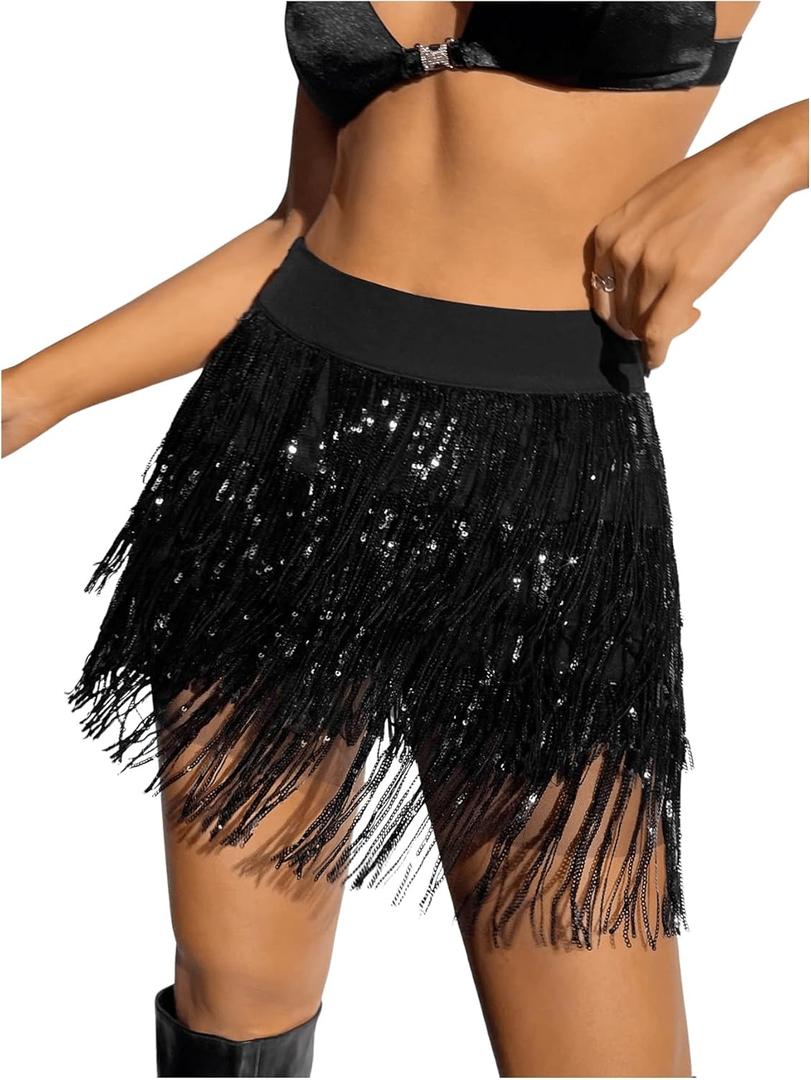 Floerns Women's Sparkly Sequin Fringe Skirt Belly Dance Disco Tassel Rave Mini Skirt (Medium, Black)