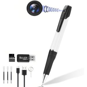 64GB HD Camera Pen with Mini Camera  1080P Portable Voice Recorder,Loop Recording,One-Touch Operation  Ideal for Meetings, Lectures, Notes (White)