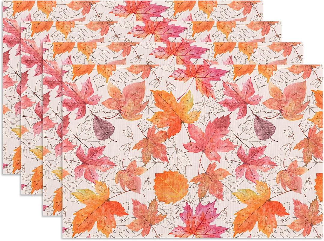Softalker Fall Placemats Set of 4, 12 x 18 Inch, Printed Thanksgiving Maple Leaf Linen Table Mats, Seasonal Autumn Holiday Table Decorations for Kitchen, Dining, Party Decor
