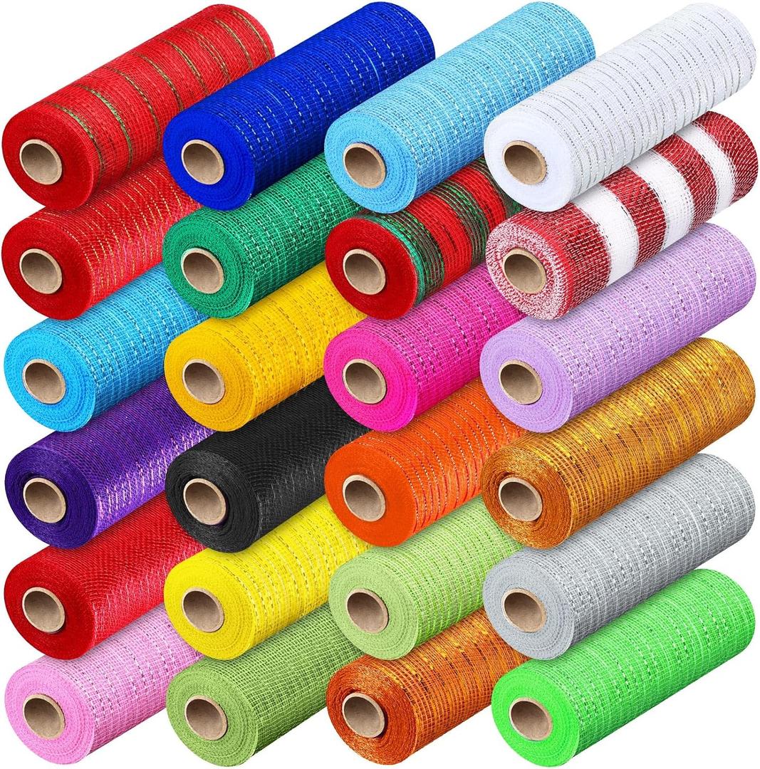 Threlaco 24 Rolls Easter Mesh Ribbon for Wreath Decor Mesh Craft Metallic Foil Decor Ribbon for Easter Wedding DIY Wrapping Raft 6 Inch x 30 Feet