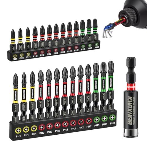 Geinxurn Impact #1#2#3 Phillipes Screwdriver Bits Set, 26pcs 1” 2” (PH1/PH2/PH3) Magnetic S2 Steel Driver Bits Set and 1pc Impact Bit Holder with Color Coded Base