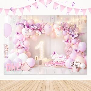 LIGHTINHOME Girl 1st Birthday Backdrop 7Wx5H Feet Purple Pink Princess Balloons Lights Butterfly First Bday Photography Background Birthday Party Decorations Photo Booth Studio Prop Fabric