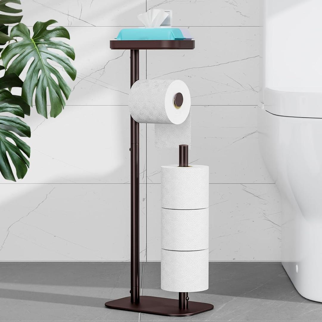 Kitsure Toilet Paper Holder Free Standing  Rustproof Metal Toilet Paper Stand for 4 Rolls with Anti-Slip Base and Shelf for Phone & Small Items, Bathroom Organizers and Storage, Medium, Brown (Medium - 1 Pack)
