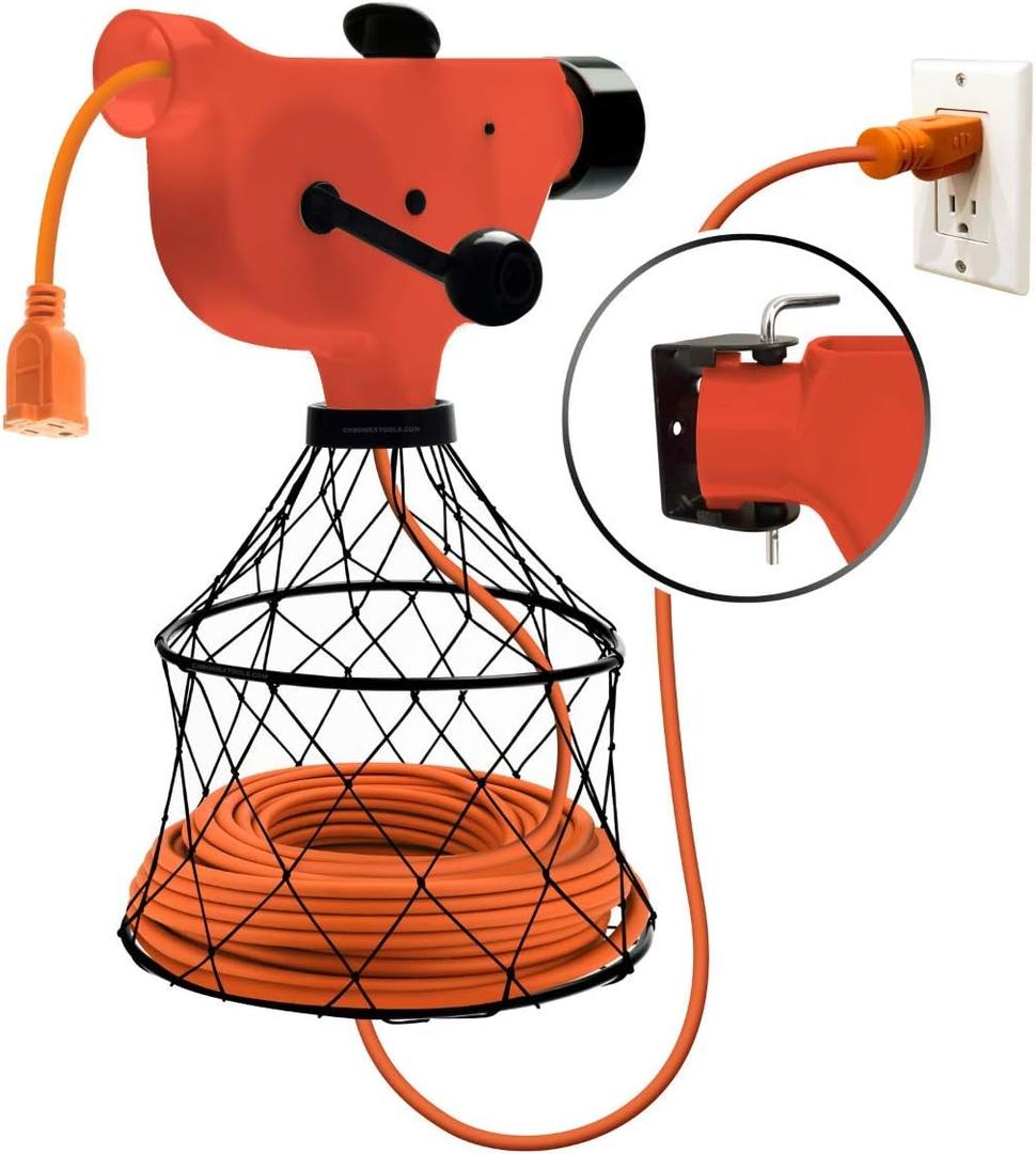 Chromex Wall Mounted Extension Cord Winder Organizer with 2 Fixed and 1 Swivel Wall Mount Brackets, Portable from Wall to Wall (Orange)