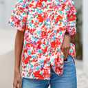 MASCOMODA Womens Tops Summer Boho Floral Short Sleeve Button Down Shirts Crewneck Loose Vacation Dressy Casual Work Blouses (S)