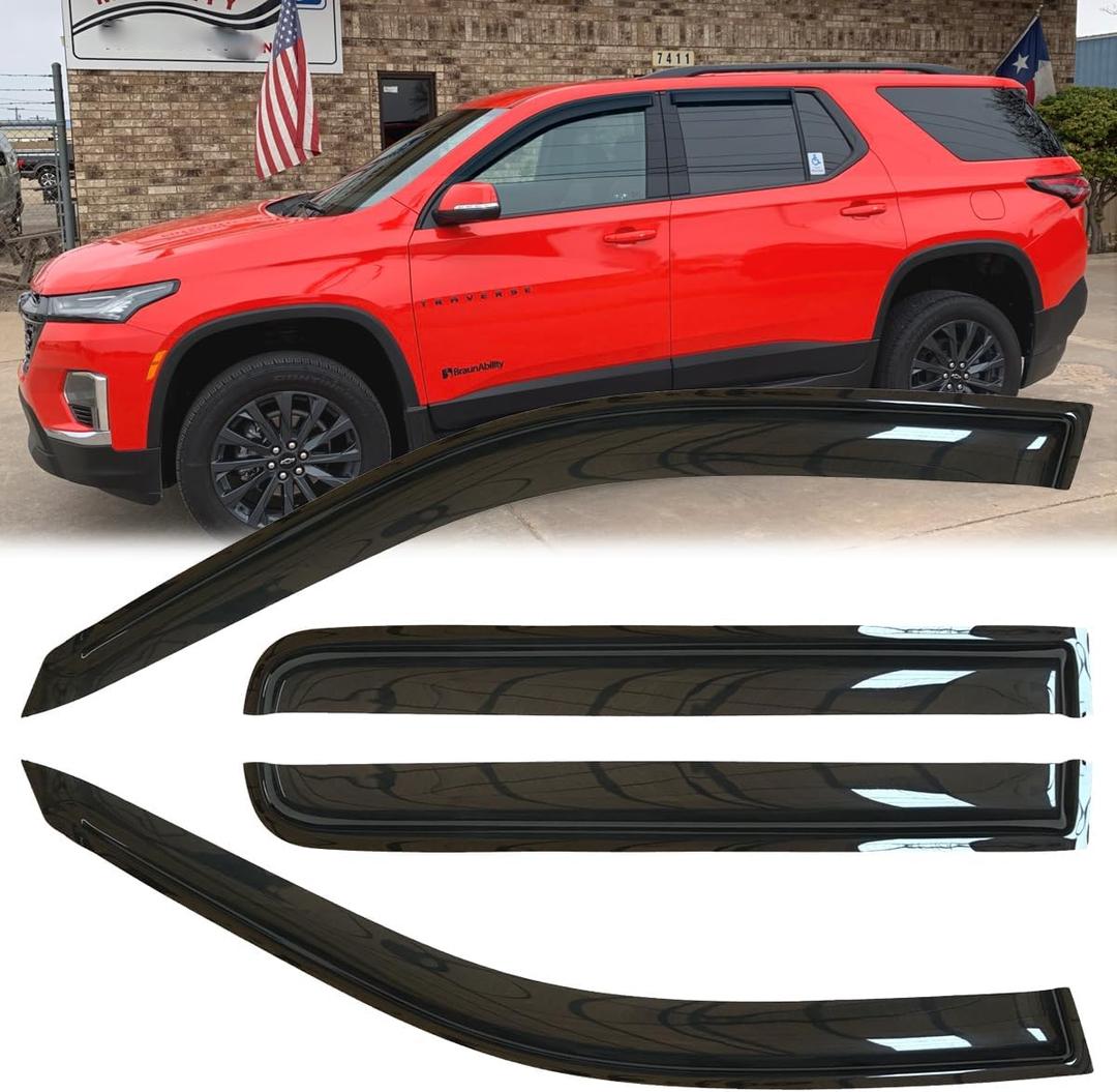4pc Original Shatterproof Rainproof Side Window Wind Deflectors for 2018-2023 Chevrolet Traverse,Tape-on Rain Guards Set,Nice Looking Window Visors for Car,Vent Deflector for 18-23 Traverse 94553