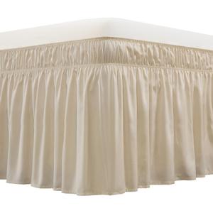 Wrap Around Bed Skirt Three Fabric Sides Elastic Dust Ruffled 16 Inch Tailored Drop,Easy to Install Fade Resistant-Beige, Queen/King
