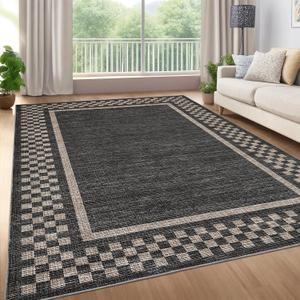 GarveeHome Area Rug 10x13 Living Room Rug Modern Bordered Soft Large Area Rugs for Bedroom Washable Checkered Dining Room Throw Carpet Non Slip Stain Resistant Geometric Rugs for Home Office, Black