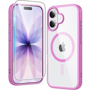 FNTCASE for iPhone 17 Case Clear: Magnetic Phone Cases with Screen Protector Drop Proof Compatible with Magsafe Slim Anti Yellowing Rugged Shockproof Protective Transparent Cell Cover (B-Pink)