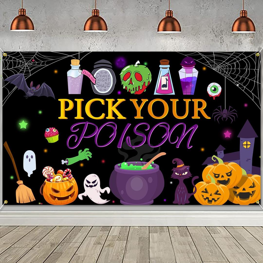 PTFNY Pick Your Poison Backdrop Banner Halloween Decorations Banner Photo Booth Props Home Halloween Party Decorations Supplies