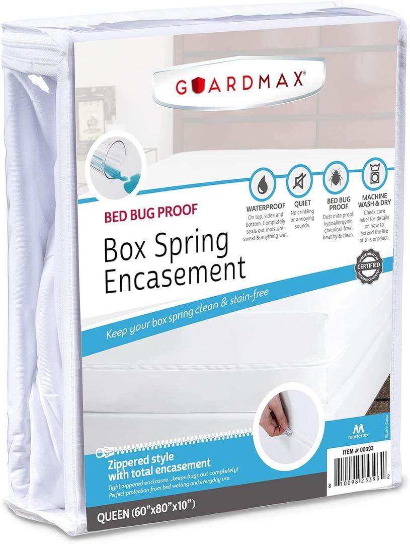 Guardmax Premium Box Spring Cover - Queen Size Waterproof and Bed Bug Proof Zippered Box Spring Encasement - 6 Side Absorbent Boxspring Protects Against Bed Bugs, Dust Mites, Dirt, Spills, and Stains