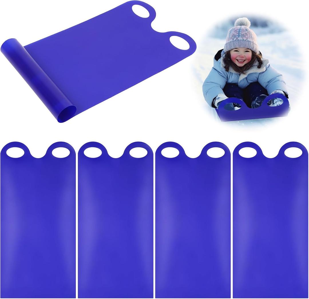 Poen 4 Pcs Snow Sled for Kids and Adult Snow Slides Roll up Sled 36.2 Inch Plastic Sledding Snowboard with 2 Handles Lightweight High Speed Equipment (Dark Blue)