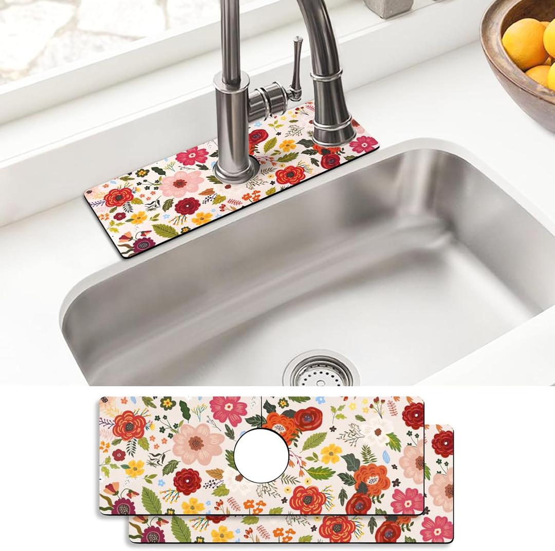 Sink Faucet Absorbing Mat, 2 Pack Drying Mat Around Faucet Sink Splash Guard Behind Faucet Sinkmat For Kitchen Bathroom Island Rv 15 * 5.5 Inch (38 * 14 cm) (Pink)