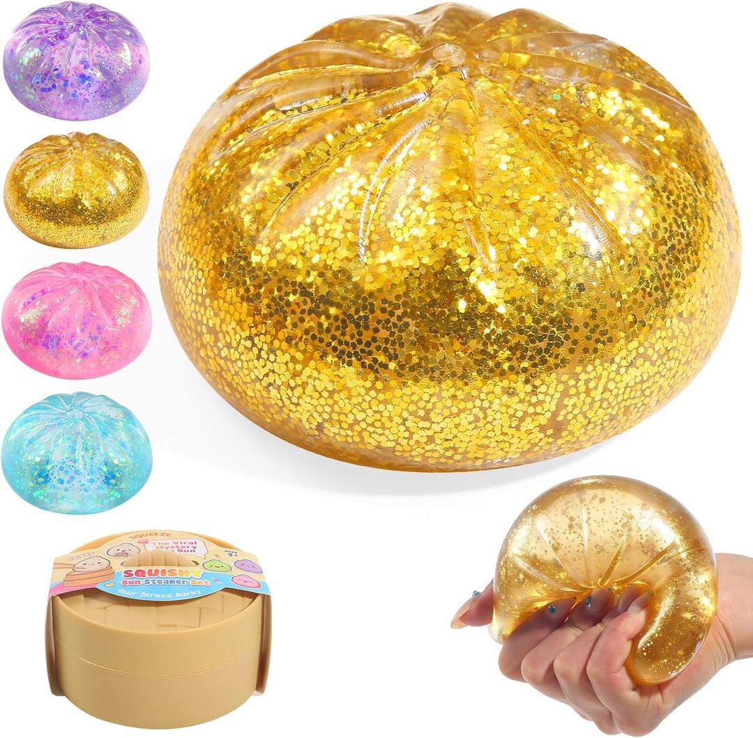 Sugar Glitter Dumpling Squishy,Viral Bao Bun Squishy Dumling Mystery Box,Stress Relief Fidget Squeeze Toy for Holiday & Birthday Gifts (Golden)