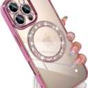 tharlet Magnetic for iPhone 16 Pro Max Case(6.9"), Glitter Luxury Plating Bling Clear Hard Back Frame, Full Camera Lens Protection with a Privacy Screen Protector Max, Pink (6.9")