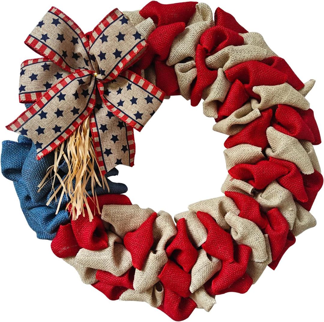 20 Inch 4th of July Wreaths Patriotic Wreaths for Front Door Red White and Blue Wreath, American Flag Wreath - for Front Porch Decor Burlap Bow Memorial Day Decorations