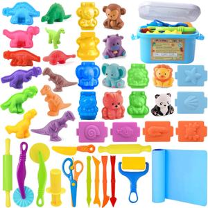 Dough Tool Set, 31 Pcs Basic Dough Tools Kits for Kids, Dough Accessories Includes Storage Container, Mat, 3D Animal, Cutters Roller, Rolling Pins, Safety Scissors