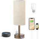 Brown Bedside Table Lamp for Bedroom - 3 Way Dimmable Touch Lamp USB C Charging Ports and AC Outlet, Small Lamp Round Flaxen Fabric Shade for Living Room, Desk, LED Bulb Included