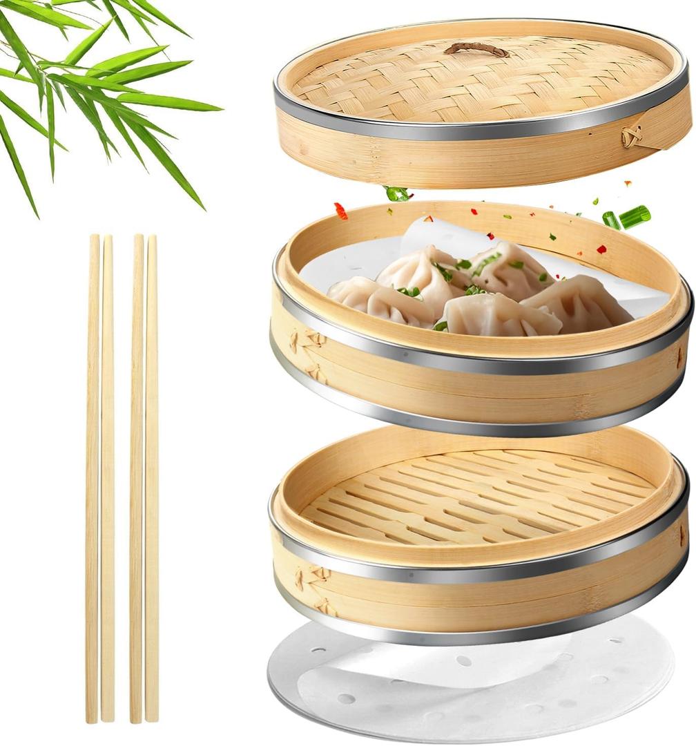 Flexzion Bamboo Steamer Basket Set (10 inch) with Stainless Steel Banding, 50 x Steamer Liners and 2 Pairs of Chopsticks, Steam Baskets for DimSum Dumplings, Rice, Vegetables, Fish and Meat
