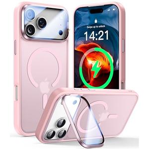 VOFATA [Upgraded Full Camera Protection] for iPhone 17 Pro Max Case with Camera Cover Stand [Fit for MagSafe][10FT Mil-Grade Protection] Translucent Magnetic iPhone 17 Pro Max Phone Case, Pink