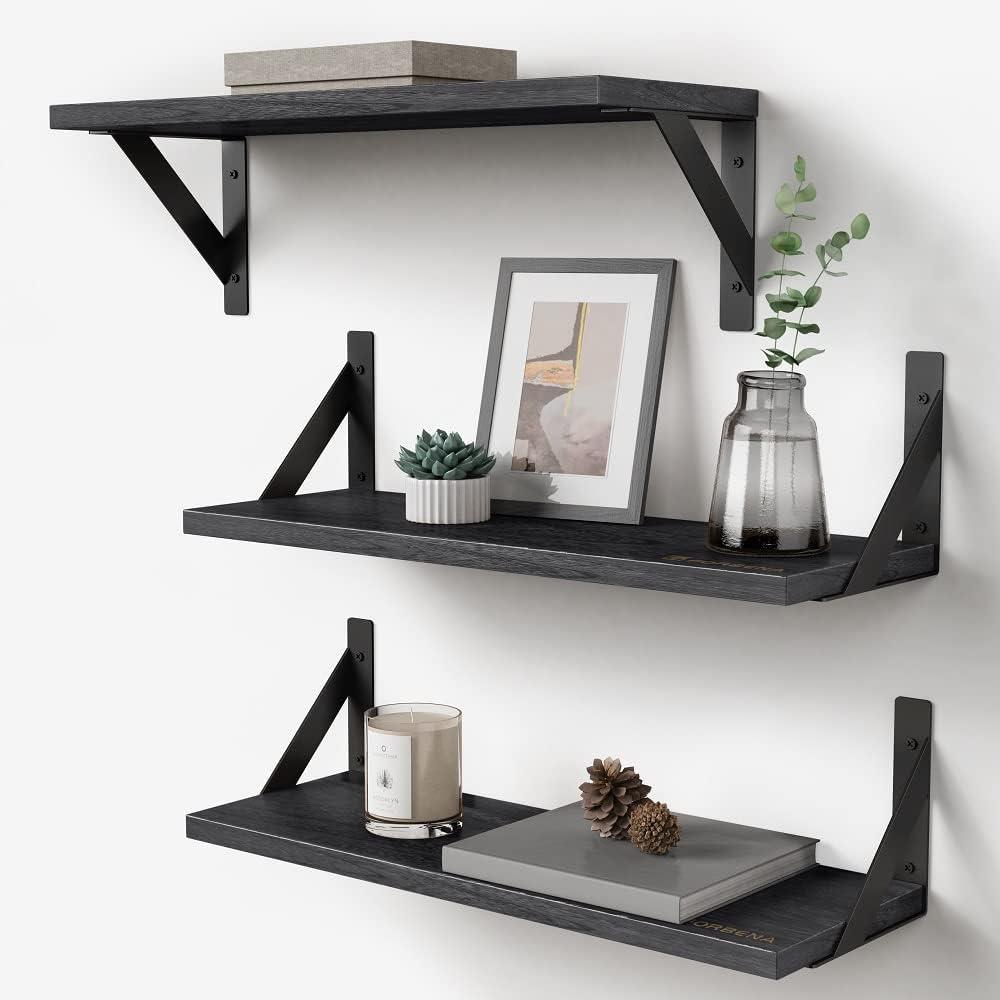 Forbena Black Floating Shelves Bathroom Set of 3, Wooden Wall Book Shelves, Rustic Shelf for Storage, Bathroom Organizer, Living Room, Kitchen, Office (Black) (17 Inches)