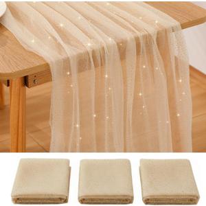 3 Pcs First Communion Decorations Gauze 10 ft Table Runner Glitter Metallic Foil Sheer Tulle Chiffon Cheesecloth Sequin Table Runner for Wedding Party Anniversary Birthday (Champagne Gold)