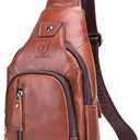 BULLCAPTAIN Leather Sling Bag Mens Chest Bag Casual Shoulder Crossbody Bags Travel Hiking Backpacks Daypack with USB Charging Port (Brown)