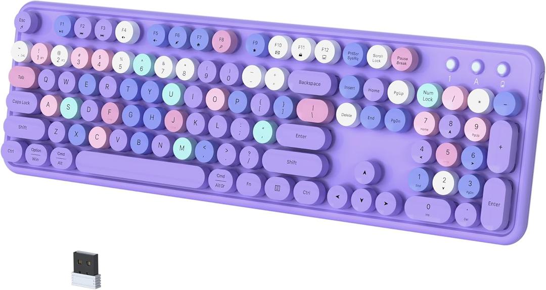 Colorful Wireless Bluetooth Keyboard, 2.4G & Dual Bluetooth Multi-Device, Typewriter Retro Round Keycaps 104 Keys Full-Size for PC Laptop Tablet Phone (Purple)