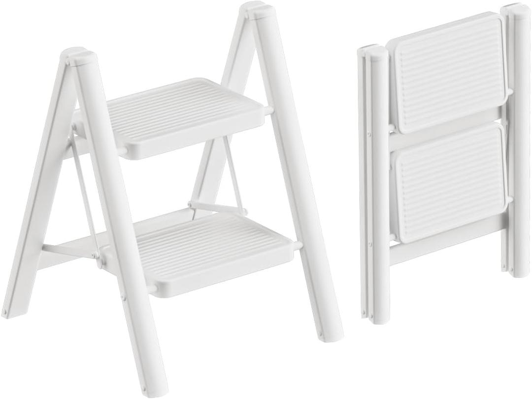 GameGem 2 Step Ladder Portable Folding Step Stool with Anti-Slip Pedal, Lightweight Stepladder Multi-Use for Home and Kitchen, Saving Space, White, 300lbs