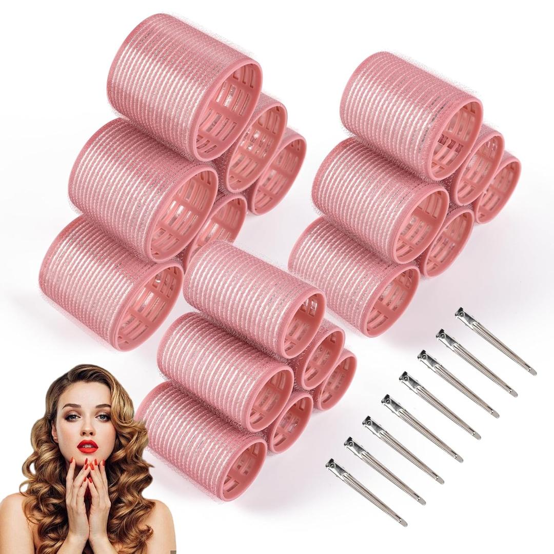 26 Pcs Ceramic Thermal Hair Rollers Set,Hair Curlers for Blowout Look Long Medium Short Hair,Jumbo Self Grip Hair Rollers with Clips for Women(18 Rollers + 8 Stainless Steel Clips,Pink)