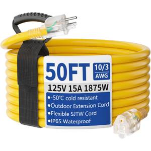50ft Outdoor/Indoor Extension Cord with Lighted 10/3 Gauge Ultra 3 Prong Heavy Duty SJTW, Waterproof, Flexible Cold-Resistant,15A 125V 1875W, Yellow
