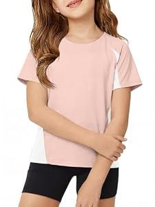 ZDC Kids Girls Athletic T Shirts Color Block Crewneck Gym Yoga Tees Casual Cute Basic Tees,  7-8, Pink