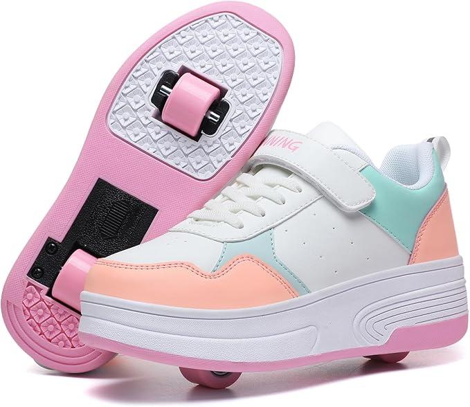 HSQ Fashion Sneaker Roller Skate Shoes for Boys Girls Kids Detachable Wheeled 2 in 1 Skating Shoes with Wheels, Green/Orange/White 156, Size 3.5 Big Kid