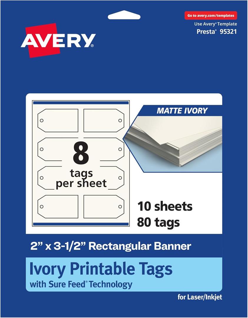 Avery Printable Rectangle Banner Tags, Sure Feed Technology, 2" x 3-1/2", Matte Ivory Cardstock, Print-To-The-Edge, Laser/Inkjet Printable, 80 Total, Great for Custom Gift or Branding Tags