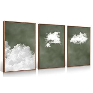 Sage Green Wall Art Canvas Prints Cloud Art Posters, Large Minimalist Painting Bathroom Framed Wall Decor Bedroom Aesthetics Decorations Set of 3 (16x24 Inches)