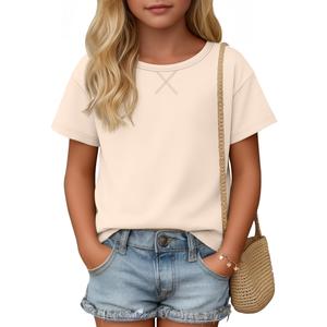 YooAurvox Girls Short Sleeve Shirts 5-14Y, Apricot, 13-14 Years (White)