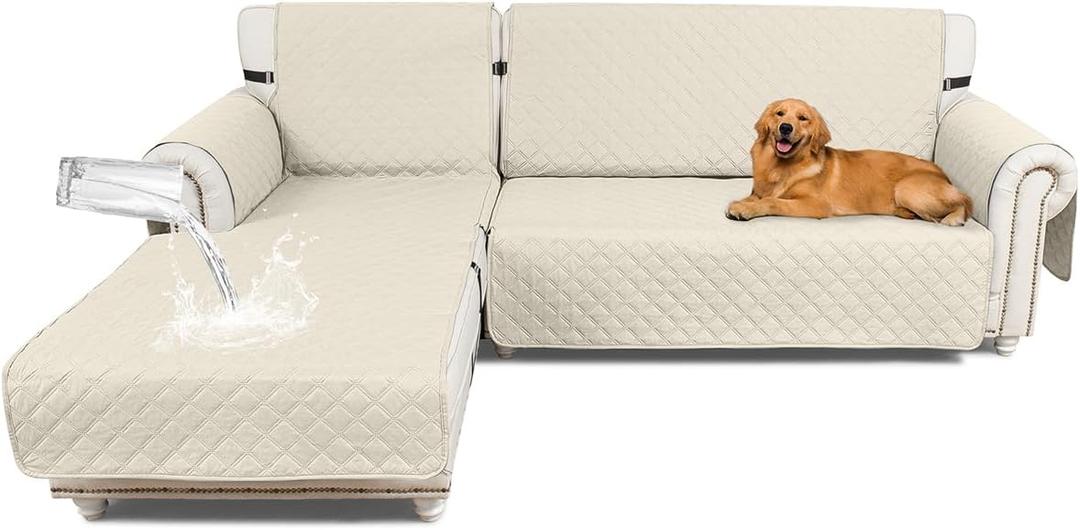 Upgraded Sectional Couch Covers 100% Waterproof L Shaped Sofa Slipcover Reversible Chaise Lounge Cover for Sectional Sofa Cover for Pets Cat Dog Kids Family (Large, Ivory) (Ivory White)