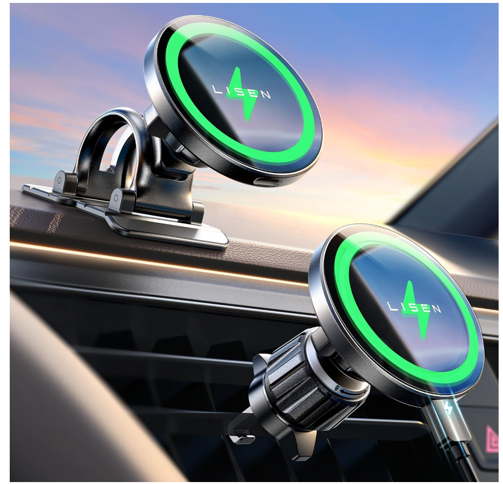 LISEN 15W MagSafe Car Mount Charger,Travel MagSafe Charger,Wireless Car Charger,Magnetic Phone Holder for Car,Phone Holders for Your Car Accessories for Women Men Jeep Ford for iPhone 1712,Samsung