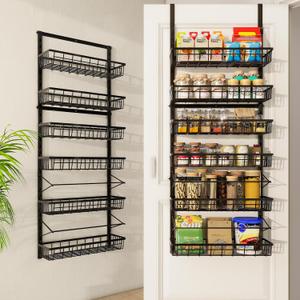 Mefirt Over The Door Pantry Organizer, Pantry Storage and Organization, 6-Tier Adjustable Hanging Baskets, Metal Wall Mount Spice Rack Seasoning Shelves for Home & Kitchen, Laundry Bathroom - Black