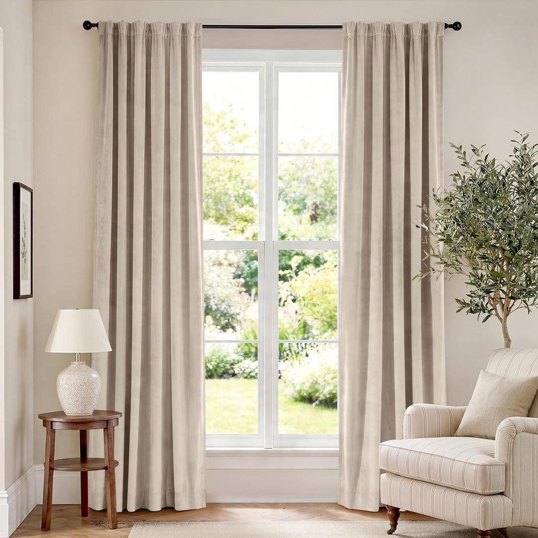 Lazzzy Velvet Blackout Curtains Thermal Insulated Room Window Drapes Super Soft Luxury Curtains for Living Room Bedroom Rod Pocket 2 Panels, Beige, 52" W x 84" L