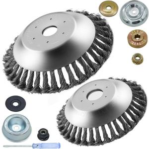 8+6 Inch Steel Wire Rotary Weed Brush Cutter Trimmer Head for Weed Cutter Eater, Unbreakable Wired Trimmer Blade, Weed Trimmer Eater Head with Adapter Kits for Moss Grass Rust Removal