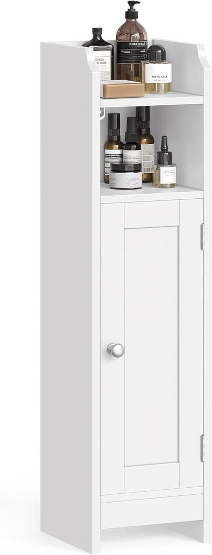 VASAGLE Small Bathroom Storage Corner Floor Cabinet with Door, 7.9 x 7.1 x 31.5 Inches, Bathroom Organizer, Narrow Toilet Paper Storage Cabinet, Adjustable Shelves, Cloud White UBBC310W01